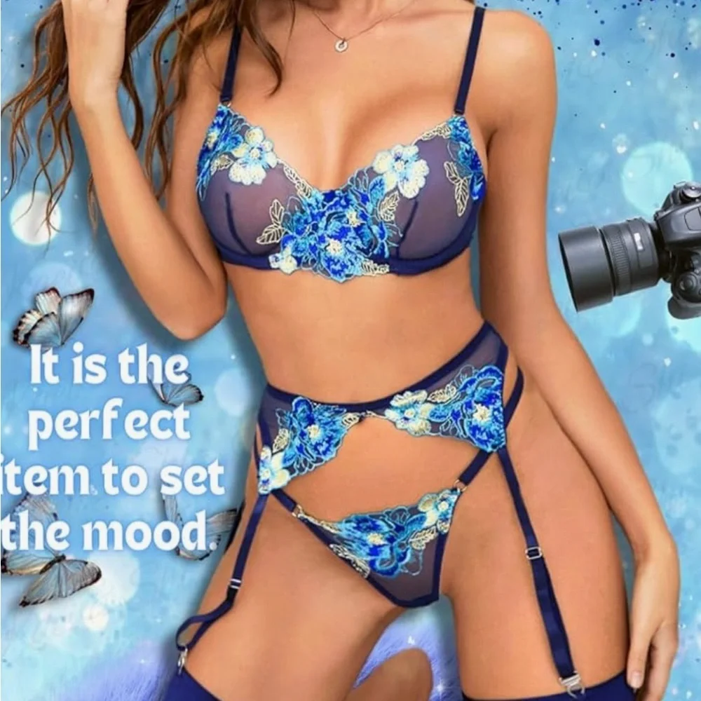 Blue Floral Embroidered Mesh Lingerie Set 4pc Garter Sheer Lace - Picture 6 of 7